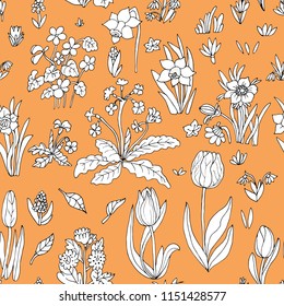 Flowers seamless pattern collection set on orange background. Design for greeting cards. Cute floral cartoon set. Vector illustration.