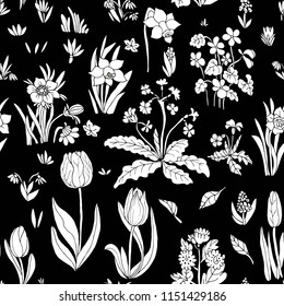 Flowers seamless pattern collection set on black background. Design for greeting cards. Cute floral cartoon set. Vector illustration.