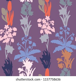 Flowers seamless pattern collection set. Silhouettes of hand drawn flowers. Design for greeting cards, prints, textil. Vector illustration.