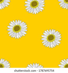 Flowers seamless pattern, Daisy flowers blossom on yellow wallpaper.	