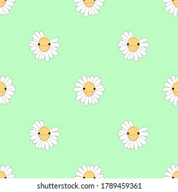 Flores sin fisuras, personajes de dibujos animados de Daisy sobre papel pintado verde.	