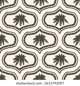 Flowers seamless pattern. Damask block print floral stencil allover background. Ogee daisy crayon drawn repeat cover. Surface pattern design spring motif. Vector hand drawn monochrome illustration.