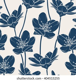 Flowers seamless pattern. Dark blue flowers on beige background. 