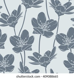 Flowers seamless pattern. Dark grey flowers on grey background. 