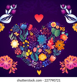 Flowers seamless pattern decorative vector card heart shape illustration Doodle funny plants