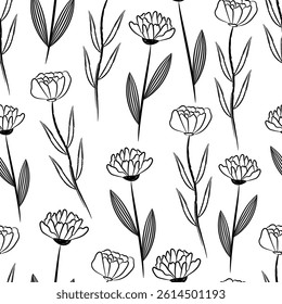 Flowers seamless pattern. Doodle brush style on white background. Hand drawn black crayon elements set. 