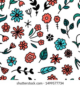 Flowers seamless pattern. Doodle flowers hand-drawn. Vector romantic background. Fine scatter pattern.