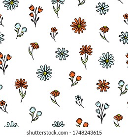 Flowers seamless pattern. Doodle flowers hand-drawn. Vector romantic background. Fine scatter pattern.