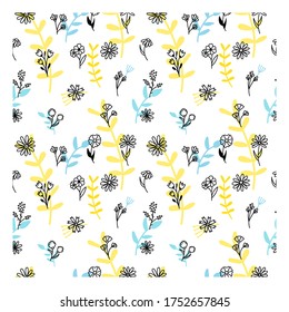 Flowers seamless pattern. Doodle flowers hand-drawn. Vector romantic background. Fine scatter pattern.