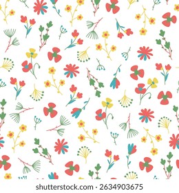 Flowers seamless pattern. Doodle flowers hand-drawn. Vector romantic background. Fine scatter pattern. A bunch of flowers. Branches, petals, flowering plants, and others. Colored pattern. 
