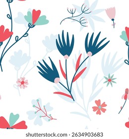 Flowers seamless pattern. Doodle flowers hand-drawn. Vector romantic background. Fine scatter pattern. A bunch of flowers. Branches, petals, flowering plants, and others. Colored pattern. 