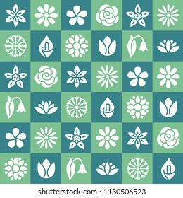 Flowers seamless pattern with flat glyph icons. Floral background beautiful garden plants chamomile, sunflower, rose flower, lotus, carnation, dandelion, violet blossom. Green color.