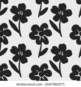 Patrón de flores sin fisuras con hojas de tinta negra floral sobre un fondo blanco. Ilustración de planta de pintura con pincel dibujado a mano. Fondo sin fin botánico de la Naturaleza.