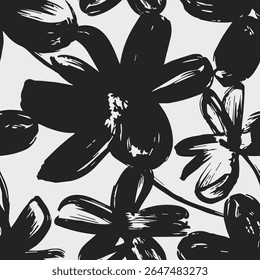 Flores padrão sem costura com folhas de tinta preta floral em um fundo branco. Ilustração de planta de pintura de pincel desenhada à mão. Natureza botânica fundo infinito.