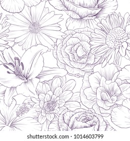 flowers seamless pattern, floral color design, vintage nature background, hand drawn vector illustration