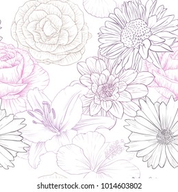 flowers seamless pattern, floral color design, vintage nature background, hand drawn vector illustration