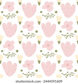 Flowers seamless pattern. Floral elements endless background. Botanic repeat cover. Summer simple loop ornament. Vector flat hand drawn illustration.