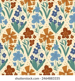 Flowers seamless pattern. Floral endless background. Wild flower ornament tile. Vintage botanic repeat cover. Vector flat hand drawn illustration.