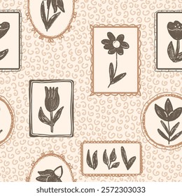 Flowers seamless pattern. floral stencil on vintage frame allover background. crayon drawn repeat cover. Surface pattern design spring motif. Vector hand drawn monochrome illustration.