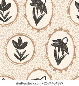 Flowers seamless pattern. Floral stencil on vintage frames allover background. Coneflower or daisy with crocus in oval and circular retro border. Vector hand drawn monochrome illustration.