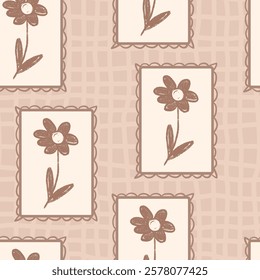 Flowers seamless pattern. floral stencil on vintage frame allover background. crayon drawn repeat cover. Surface pattern design spring motif. Vector hand drawn monochrome illustration.