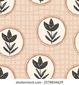 Flowers seamless pattern. Floral stencil on vintage round frames allover background. Crocus in circular retro border. Vector hand drawn monochrome illustration.