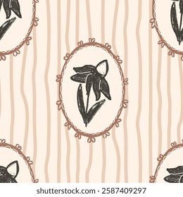 Flowers seamless pattern. floral stencil on vintage frames allover background. Coneflower or daisy in oval border. Vector hand drawn monochrome illustration.