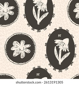 Flowers seamless pattern. floral stencil on vintage frames allover background. Coneflower or daisy in oval and circular border. Vector hand drawn monochrome illustration.
