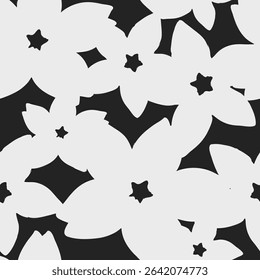 Flowers seamless pattern with floral white ink leaves on a black background. Hand drawn brush painting plant illustration. Nature botanical endless background.
