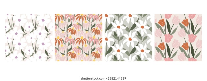 Flowers seamless pattern. Flower market. Groovy trippy plant painting. Contemporary print. Botanical minimal fashion background. Decor textile, wrapping paper, wallpaper design. Vector illustration