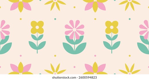 Flowers seamless pattern in geometric style. Vector illustration in naive style.