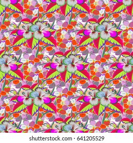 Flowers seamless pattern in green and blue colors. Cute vector floral background.
