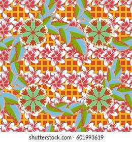 Flowers seamless pattern in green, pink and orange colors. Cute vector floral background.