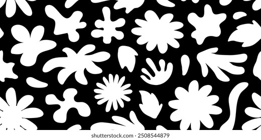 Patrón de flores sin fisuras, fondo floral groovy, impresión de manzanilla de primavera, textil de margarita de verano funky. Bolso blanco y negro Abstractas. Monocromo lindo Ilustración vectorial