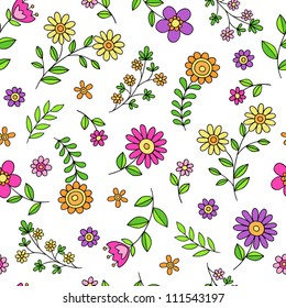 Flowers Seamless Pattern Groovy Hand-Drawn Doodle Vector Illustration Design