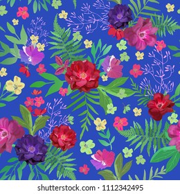 Flowers seamless pattern hand drawn for print design. Vector modern pattern with colorful roses, ferns on blue background