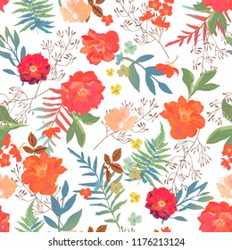 Flowers seamless pattern hand drawn for print design. Vector modern pattern with colorful roses, ferns.