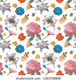 Flowers seamless pattern hand drawn for print design. Vector modern pattern with colorful roses, peonies, clematis