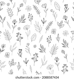 flowers seamless pattern hand drawn doodle. simple abstract plants. vector, minimalism, scandinavian, monochrome, nordic. simple abstract plants
