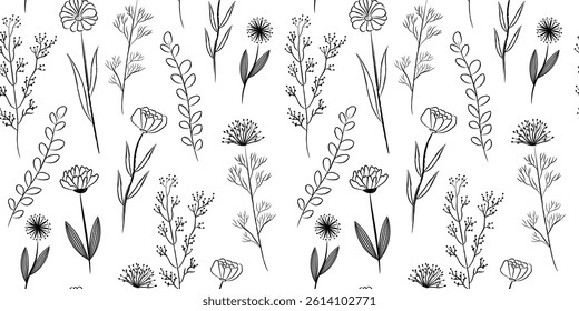 Flowers seamless pattern. Herbs, leaves, doodle brush style on white background. Hand drawn black crayon elements set. 
