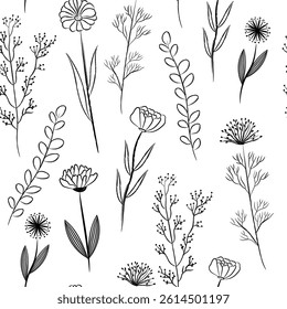 Flowers seamless pattern. Herbs, leaves, doodle brush style on white background. Hand drawn black crayon elements set. 
