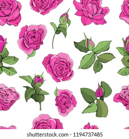 Flowers seamless pattern isolated on white background. Vector hand drawn illustration of roses. For textiles, wallpaper, fabric, gift boxes, greeting card and invitations