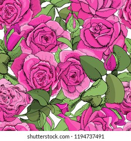 Flowers seamless pattern isolated on white background. Vector hand drawn illustration of roses. For textiles, wallpaper, fabric, gift boxes, greeting card and invitations