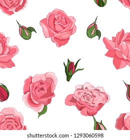 Flowers seamless pattern isolated on white background. Vector hand drawn illustration of roses. For textiles, wallpaper, fabric, gift boxes, greeting card and invitations