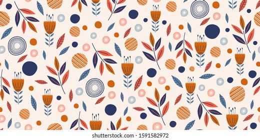 Flowers seamless pattern with leaves floral elements. Hand drawn scandinavian style. Plants garden decoration with circle abstract. Vector illustration for fashion textile print with texture.