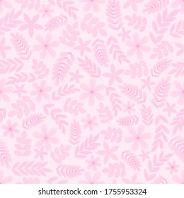 Blumen nahtloses Muster mit Blättern. Linienstil. Handgezeichnet. Doodle. Vektorgrafik auf rosafarbenem Hintergrund. Für Gewebe: Umhüllungspapier. Feine Blumenelemente.