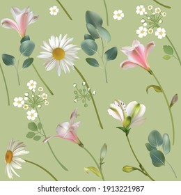 Flowers. Seamless pattern. Lilies. Chamomile. Green leaves.