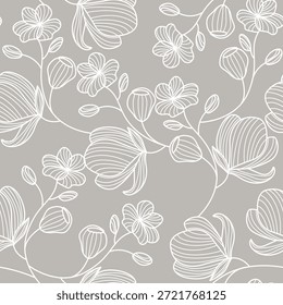 Flowers Seamless Pattern Line Art Style. Abstract Floral Pattern with Monochrome Outline Flowers for Fabric, Textile, Gift Paper, Poster, Banner, Wall Art, Background. Vector Illustration. Not AI