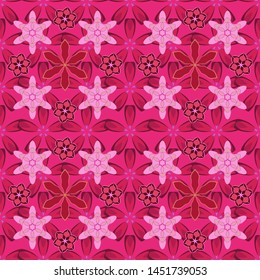 Flowers seamless pattern in magenta, red and pink colors. Cute vector floral background.