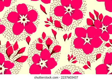 Flores sin fisuras. Fondo vintage mínimo. Flores rosadas dibujadas a mano. Decoración moderna y sencilla. Plantas de color rojo brillante para textiles, cubiertas, tela, embalaje.